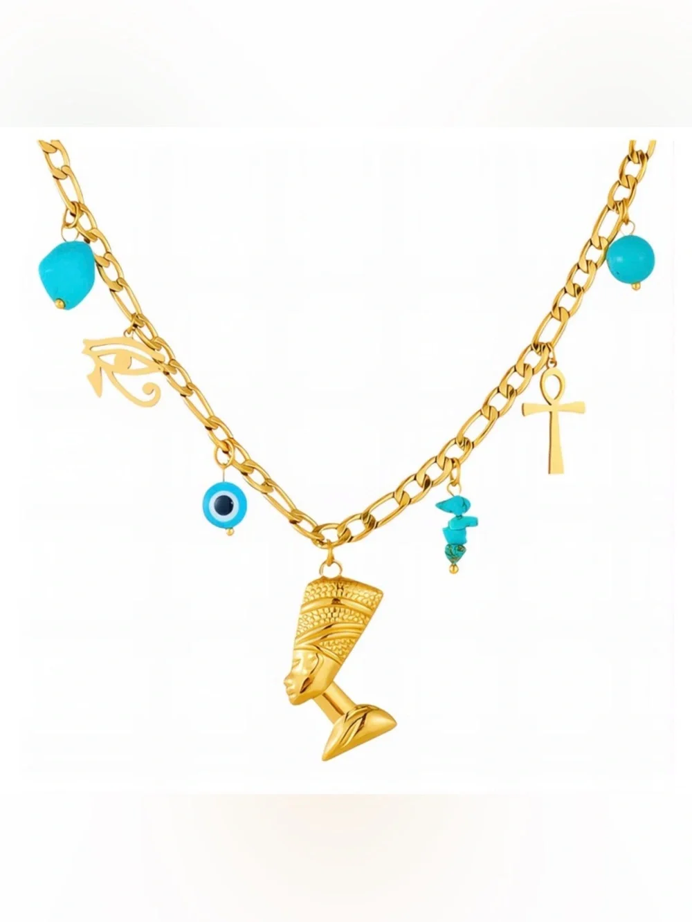 Egyptian Nefertiti Charm 18K Gold Plated Necklace with Turquoise and Evil Eye